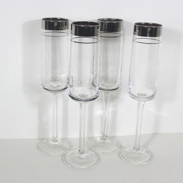 1960s Mid-Century Modern Silver Rim Champagne Flutes Glasses- Set of 4 For Sale - Image 11 of 12