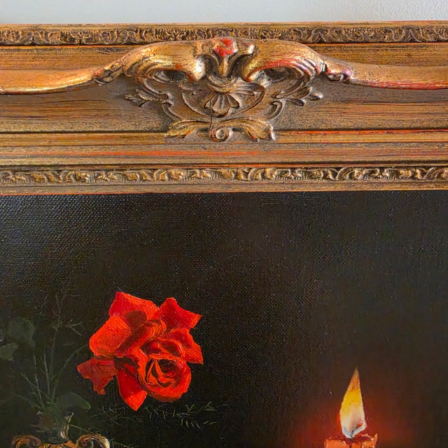 Mid-20th Century Candlelit Rose Still Life Oil Painting Signed Ruschè For Sale - Image 14 of 18