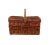 A large wicker woven rattan picnic hamper basket, with a plaid cloth lining and two handles. Two open weave bands decorate...