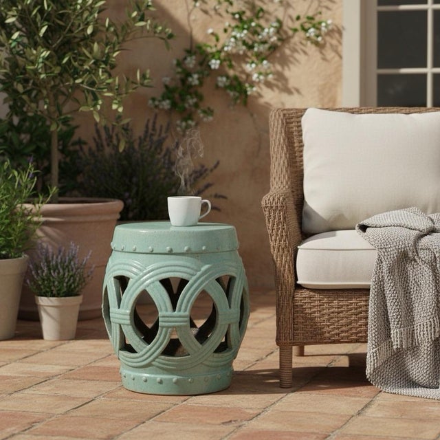 Ceramic Vintage Turquoise Openwork Ceramic Garden Stool For Sale - Image 7 of 7