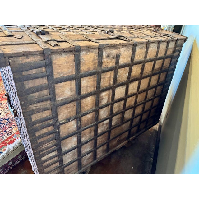 Brown Rustic 19th Century Damchiya Dowery Trunk With Wooden Wheels. Impressive Size! For Sale - Image 8 of 12