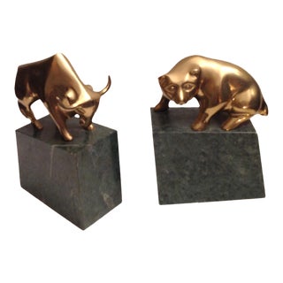1970s Bull and Bear Solid Brass and Green Marble Bookends - Set of 2 For Sale