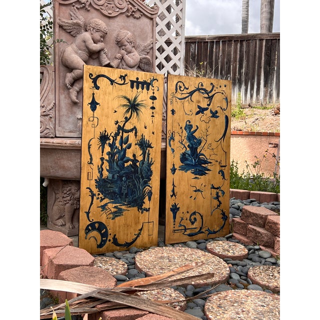Gold Pair of Hand Painted Blue Chinoiserie Chic Wall Hanging Giltwood Panels For Sale - Image 8 of 16