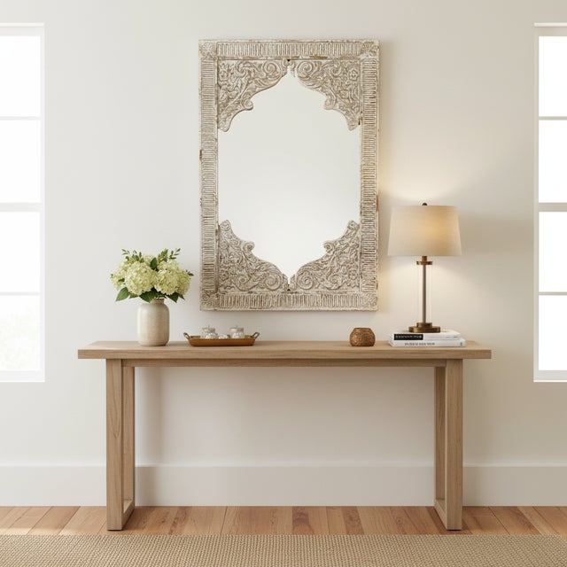 Farmhouse 1990s Farmhouse Style Hand Carved Solid Wood Mirror in Distressed White Finish For Sale - Image 3 of 5