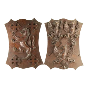 Pair of 19th Century Carved Oak Armorial Shields Eagles, Lion Rampant, Maltese Crosses