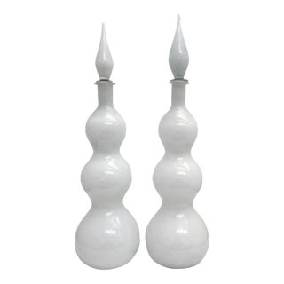 Mid-Century Modern Triple Gurgle White Cased Glass Decanters- Set of 2 For Sale