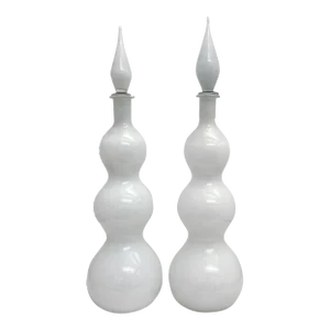 Mid-Century Modern Triple Gurgle White Cased Glass Decanters- Set of 2
