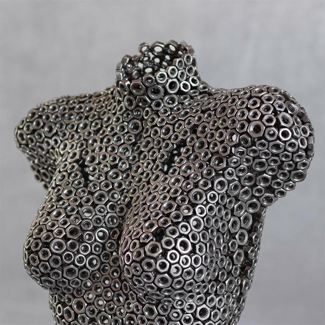 Silver Premium Handcrafted Metal Nut Female Torso Sculpture | 39" | One of a Kind For Sale - Image 8 of 11