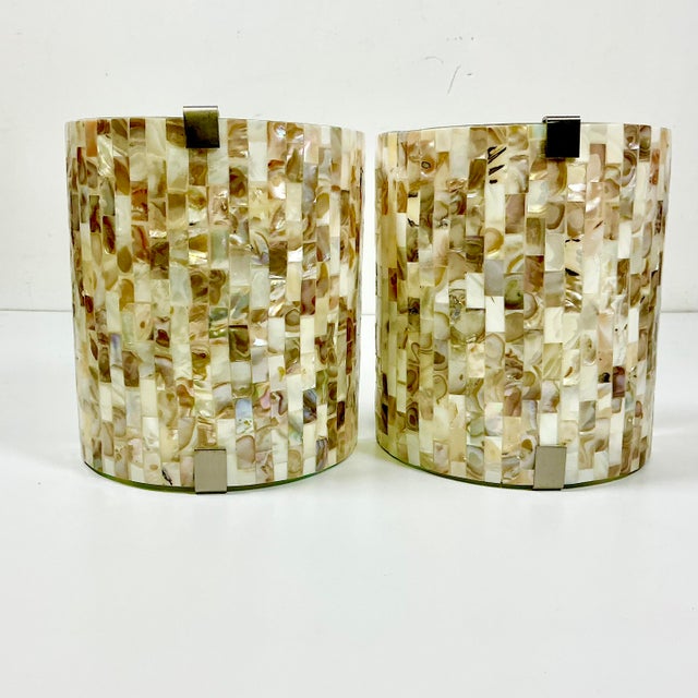 1980s Vintage Boho Chic Coastal Capiz Shell Mosaic Chips on Arched Glass Wall Sconces - A Pair For Sale - Image 4 of 14