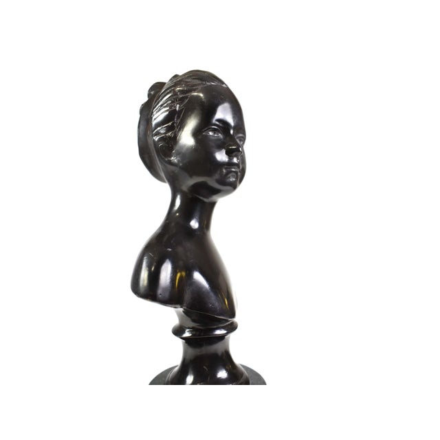 Vintage Neoclassical Bronze Boy and Girl Bust on Marble Base Figurines- A Pair For Sale - Image 10 of 15