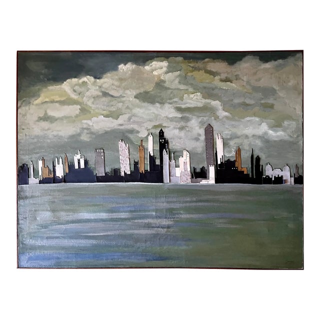 Large Mixed Media Abstract Skyline Collage Painting of New York, circa 1960 For Sale