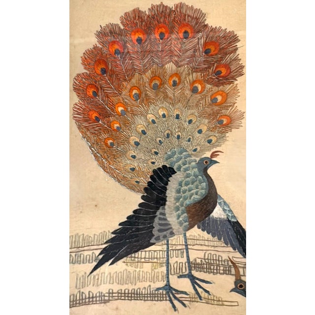 Antique Chinese Silk Embroidery Panel With Peacocks, Peonies, and Bamboo For Sale - Image 6 of 18