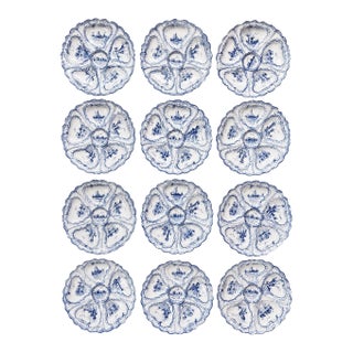 1950s Hand-Painted Weimar Germany Blue & White Oyster Plates | Complete Matched Grandmillenial Collection - Set of 12 For Sale