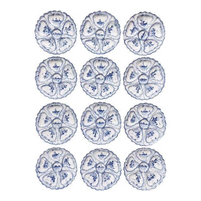 1950s Hand-Painted Weimar Germany Blue & White Oyster Plates | Complete Matched Grandmillenial Collection - Set of 12 For Sale