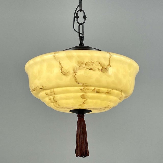 Art Deco Dark Cream Marbled Opaline & Bronzed Pendant with Tassel, Germany, 1930s For Sale - Image 13 of 17
