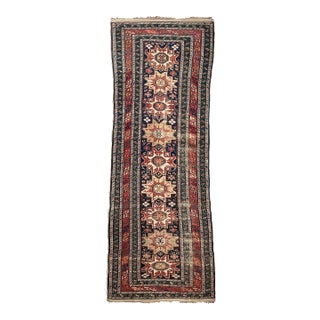 1930's Ancient Leshgi Star Design Navy Shirvan/Kuba Caucasian Runner Rug 3.9 X 10.9 For Sale