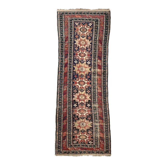 1930's Ancient Leshgi Star Design Navy Shirvan/Kuba Caucasian Runner Rug 3.9 X 10.9 For Sale