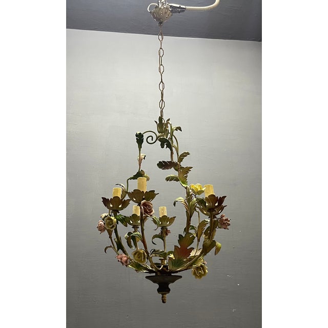 Italian Tole & Ceramic Floral Chandelier, 1960s For Sale - Image 4 of 18