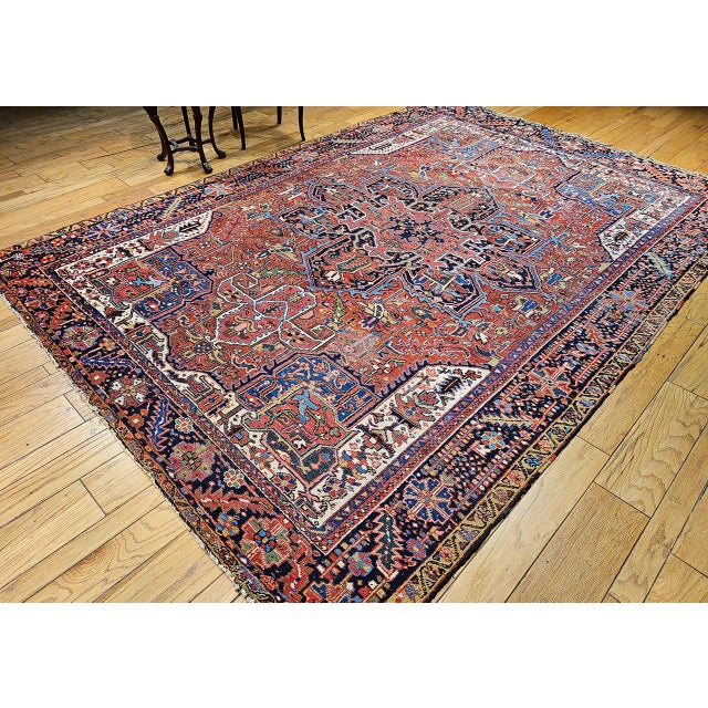 1900 - 1909 Antique Heriz Karajah Rug, Hand-Knotted Wool, Geometric Medallion Pattern, Brick-Red & Navy, 9x12 For Sale - Image 5 of 17