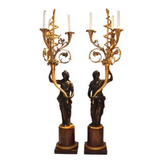 French Louis XVI Style Ormolu and Patinated Marble and Bronze Candelabra - A Pair For Sale