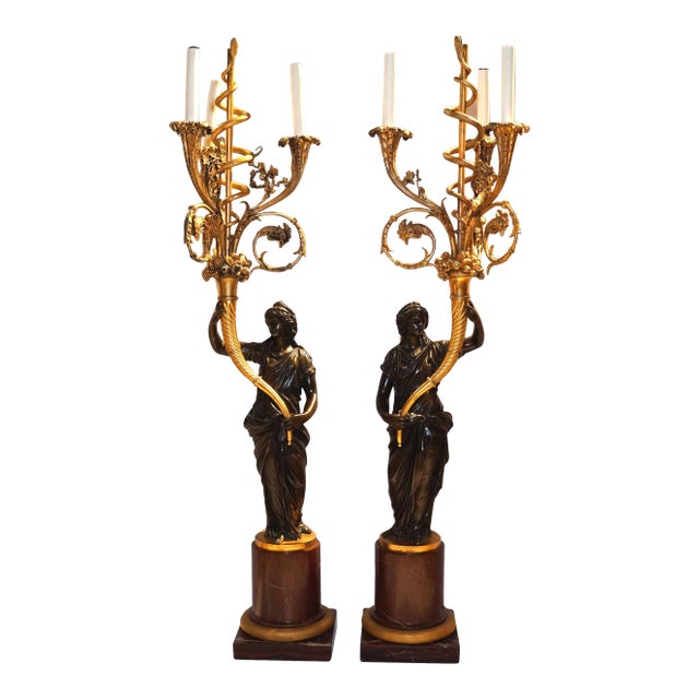 French Louis XVI Style Ormolu and Patinated Marble and Bronze Candelabra - A Pair For Sale