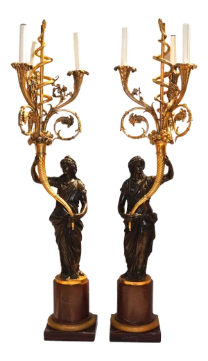 French Louis XVI Style Ormolu and Patinated Marble and Bronze Candelabra - A Pair