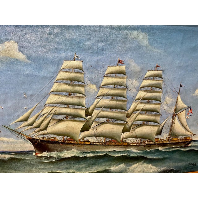Here we have an intricately detailed mystery ship captured under full sail, flying an American flag, in unknown but well-...