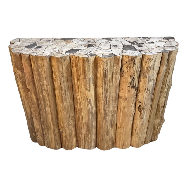 Petrified Wood Top Organic Teak Console Table For Sale