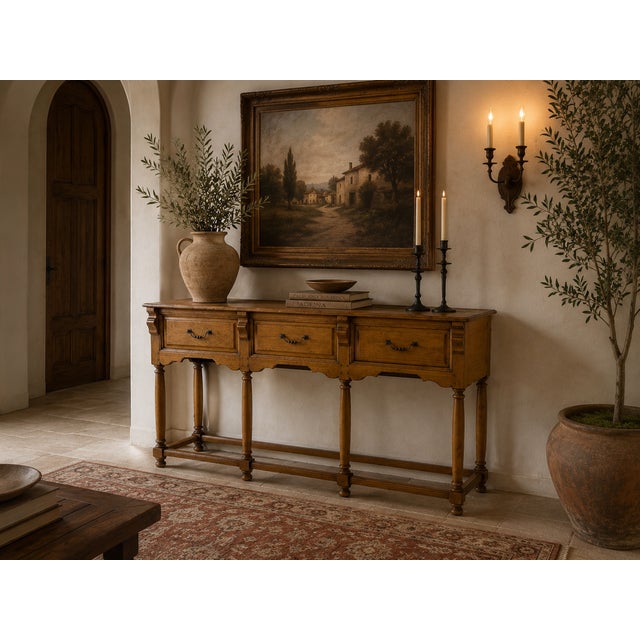 Beautiful vintage Mediterranean Spanish Colonial style console table featuring a warm wood finish. A charming and...