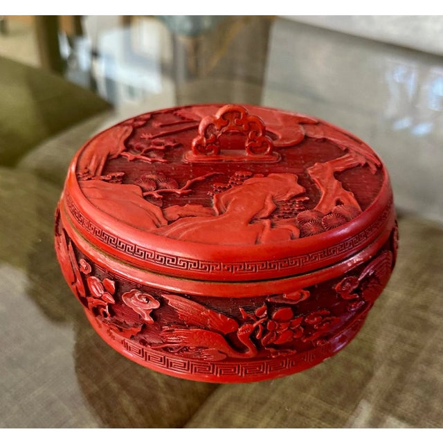Chinese Cinnabar Lacquered Enameled Lidded Box For Sale - Image 4 of 12