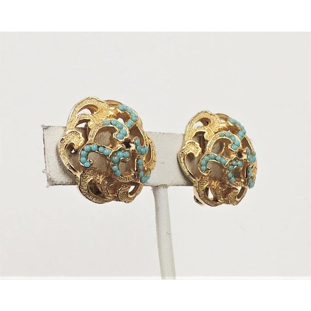 Gold Vintage 1960s De Nicola Cabochon Faux-Turquoise Clip Earrings - 2 Pieces For Sale - Image 8 of 9