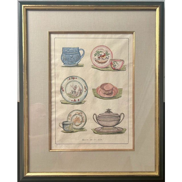 This vintage print showcases six distinct Italian china patterns, each beautifully hand-colored with intricate details and...