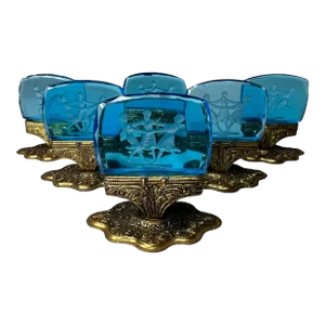Vintage Czech Moser Blue Intaglio Place Card Holders- Set of 6