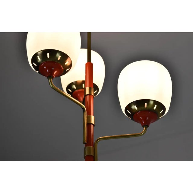 1950s Stilnovo-Style Pendant in Brass, Red Lacquer & Opaline Glass For Sale - Image 6 of 12