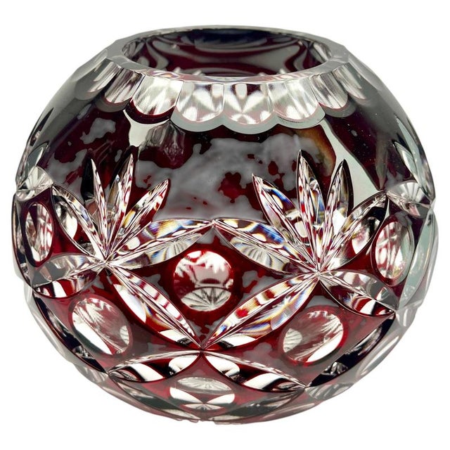 Glass Bohemian Globe Vase in Ruby-Red Cut-to-Clear Collard Crystal with Geometric Decoration, 1950 For Sale - Image 7 of 7