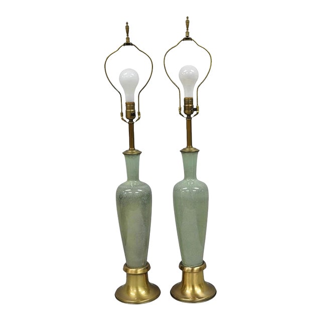 Vintage Mid Century Modern Celadon Green Porcelain Sinuous Urn Table Lamp - Pair For Sale