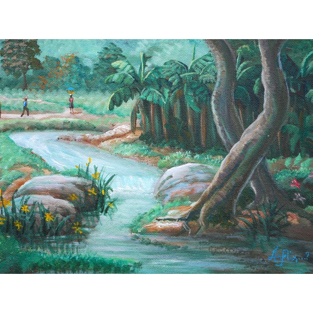 Modern realist landscape painting by Haitian artist Felix Defournoy. The work features small figures going about their...