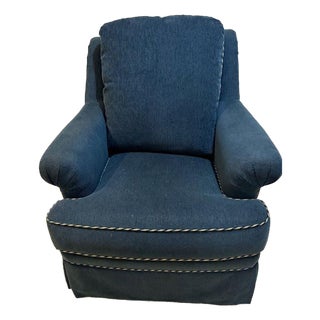 Custom Ethan Allen Rolled-Arm Skirted Armchair in Navy With Rope Trim For Sale