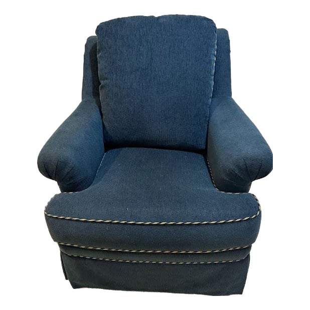 Custom Ethan Allen Rolled-Arm Skirted Armchair in Navy With Rope Trim For Sale