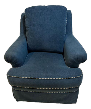 Custom Ethan Allen Rolled-Arm Skirted Armchair in Navy With Rope Trim