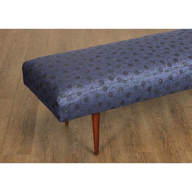 Blue Mid Century Modern Upholstered Walnut Bench For Sale - Image 8 of 12