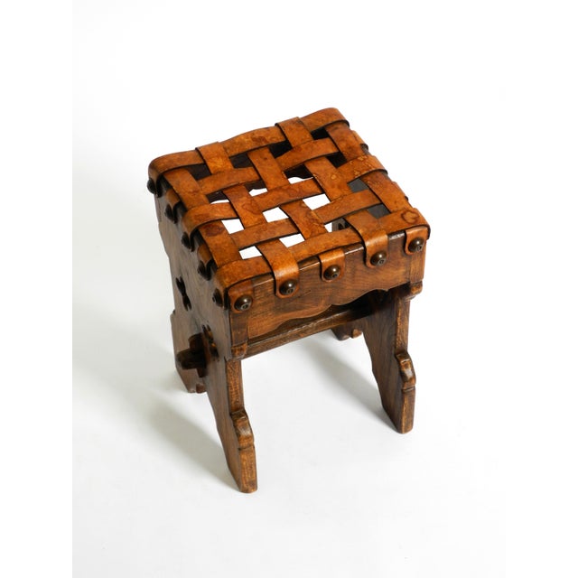 Vintage Oak Stool with Seat in Leather Straps, 1940s For Sale - Image 11 of 18