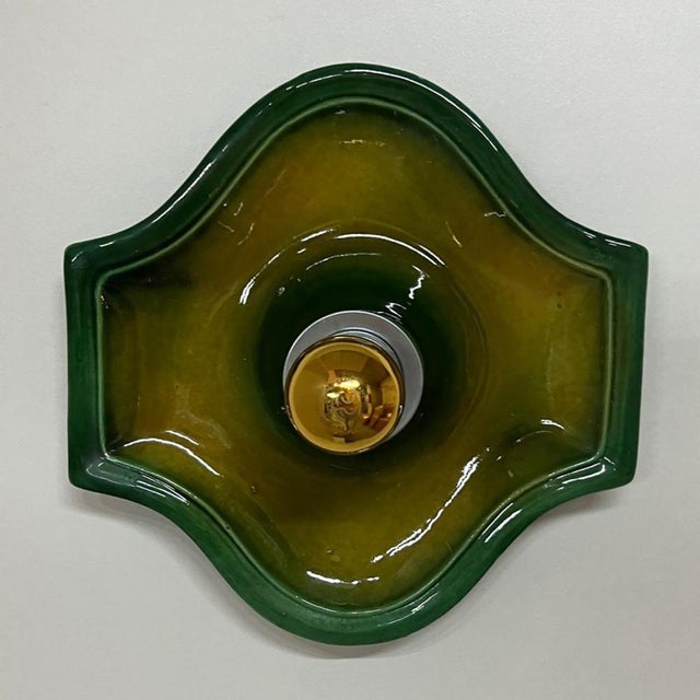 Brown Bell-Shaped Green Ceramic Wall Lights attributed to Hustadt Keramik, Germany, 1970s For Sale - Image 8 of 12