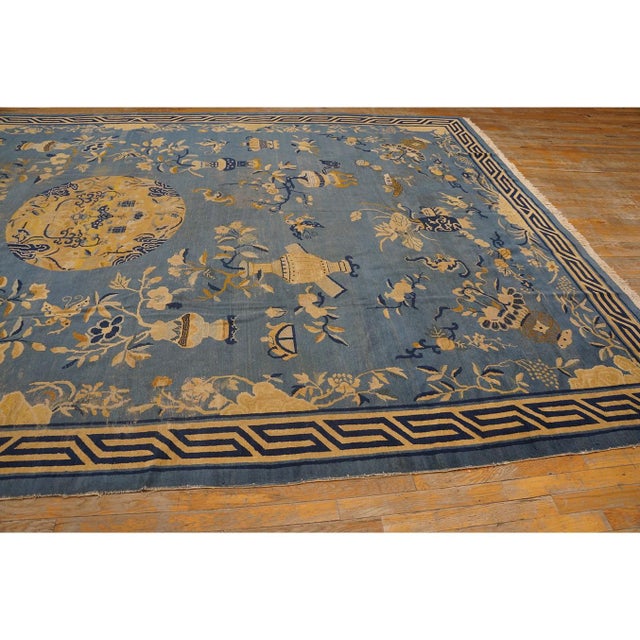 Textile 1920s Blue Antique Greek Key Rectangle Hand Knotted Pile Wool 9' X1 4' 4" Rug For Sale - Image 7 of 7