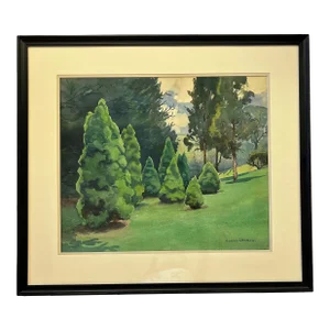 Original Signed Julius Delbos Watercolor Painting Titled 'Dwarf Alberta Spruce' C1943