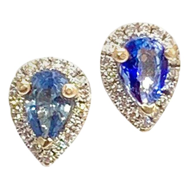 Diamond Sapphire Earrings 18k White Gold Stud 0.60 TCW Certified For Sale