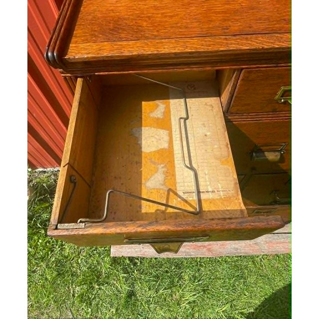 Rare 10 Drawer Antique Yawman and Erbe Mfg. Co. Oak Filing Cabinet With Brass Fittings C. 1900-1910 For Sale - Image 11 of 18