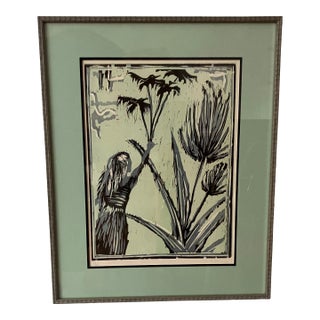 Unique Woodblock Engraving of Young Girl Holding Scottish Thistles, Signed & Framed For Sale
