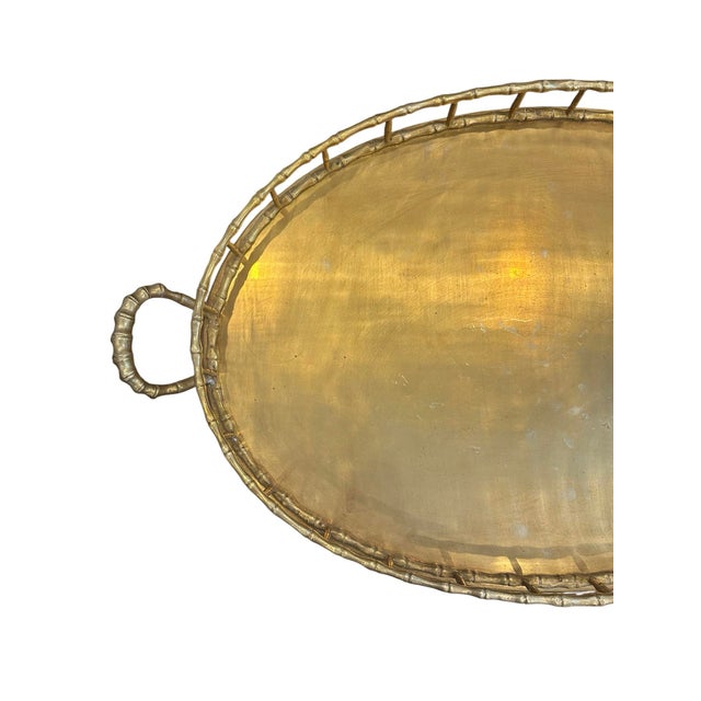 Brass Vintage Brass Faux Bamboo Oval Tray / Drinks / Side / Accent Table With Folding Stand, in the Manner of Maison Baguès For Sale - Image 8 of 10