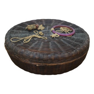 Antique Chinese Wicker Lidded Bead Ring Tassel Sewing Storage Basket 12" For Sale